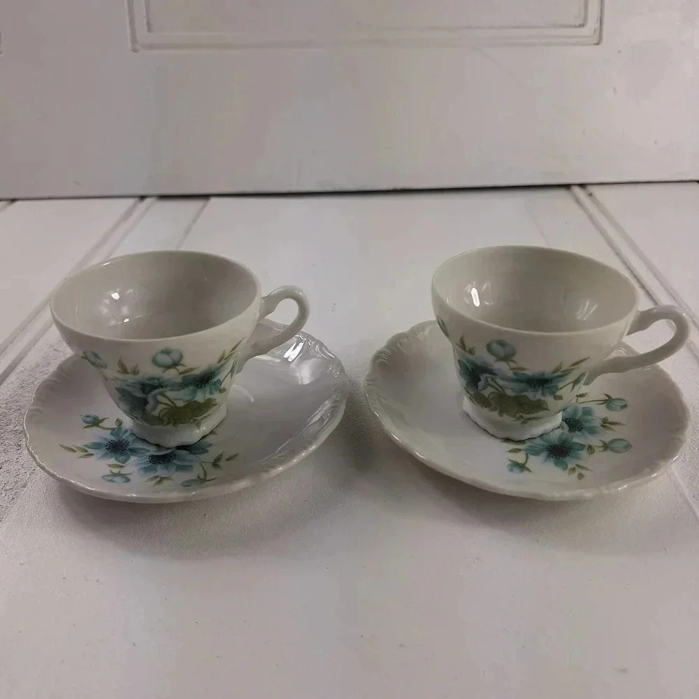 Pamela Japan Saucers and Tea Cups Set Of 2 Blue & White with Flower Design